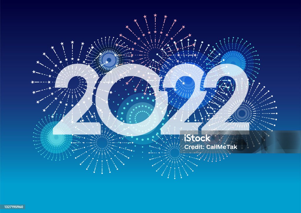 Le logo de l’année 2022 et des feux d’artifice avec un espace de texte sur un fond bleu célébrant la nouvelle année. - clipart vectoriel de 2022 libre de droits