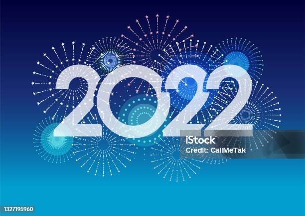 Le Logo De Lannée 2022 Et Des Feux Dartifice Avec Un Espace De Texte Sur Un Fond Bleu Célébrant La Nouvelle Année Vecteurs libres de droits et plus d'images vectorielles de 2022