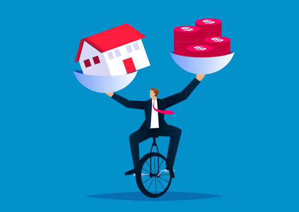 ilustrações de stock, clip art, desenhos animados e ícones de real estate finance and investment, the businessman's skillful acrobatics keep the money and the house in balance - coin stacking vector part of