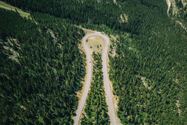 화창한 날에는 녹색 나무 들 사이 구불구불한 높은 산도로의 공중 보기 - twisty road 뉴스 사진 이미지