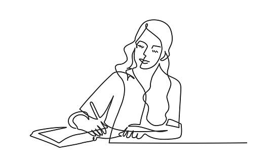 Woman writing letter. Hand drawn vector illustration.