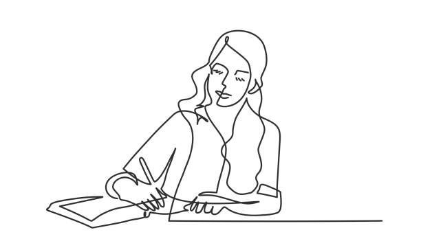Woman writing letter. Woman writing letter. Hand drawn vector illustration. learning illustrations stock illustrations