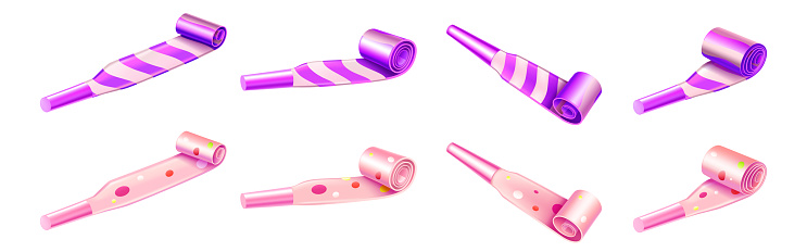 Party horn blowers with color stripes and dots for birthday celebration. Vector realistic 3d set of purple and pink whistles, noisemakers isolated on white background