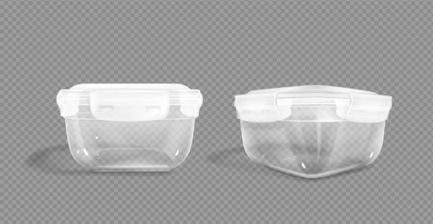 Plastic food containers clipping path, lock lids. Plastic food containers with clipping path and latch lock lids. Storage for frozen products, closed lunchbox for meal, isolated packages front and angle view, Realistic 3d vector mock up, clip art latch stock illustrations