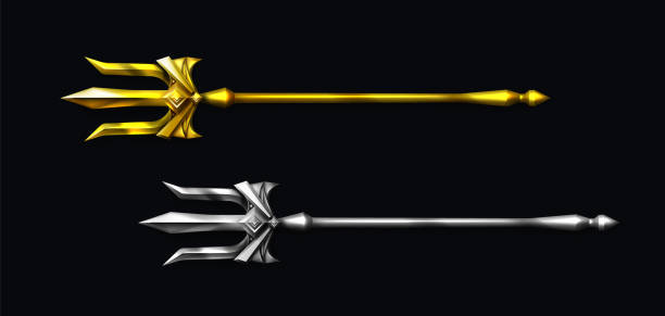 Gold and silver trident, devil pitchfork Gold and silver trident, devil pitchfork isolated on black background. Vector realistic set of mythology weapon of greek god Poseidon, Triton or Neptune. Demon tridental spear triton greek god stock illustrations