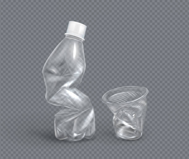 ilustrações de stock, clip art, desenhos animados e ícones de crumpled plastic cup and bottle for water, vector - bottle