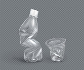 Crumpled plastic cup and bottle for water, vector