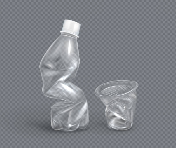 Crumpled plastic cup and bottle for water, vector Crumpled plastic cup and bottle for water, disposable mug and flask. Crumple trash, used empty container for beverages isolated on transparent background, pollution concept, Realistic 3d vector mockup crushed stock illustrations