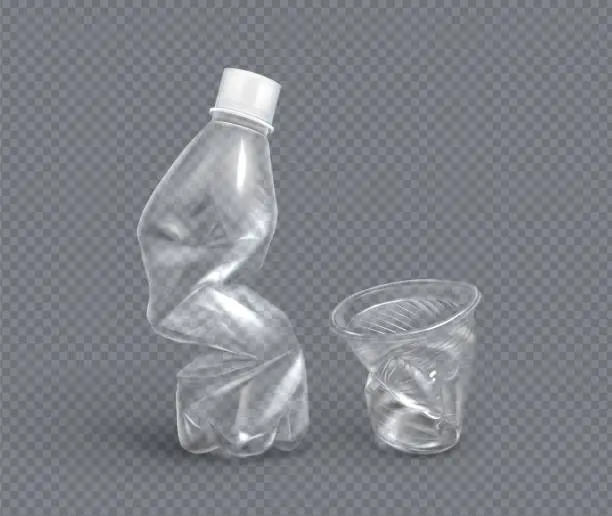 Vector illustration of Crumpled plastic cup and bottle for water, vector