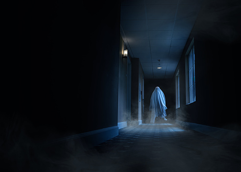 Ghost moving alongside a hotel corridor