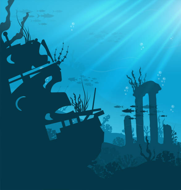 istock Silhouette of coral reef with fish and scuba diver on a blue sea background. 1327202525