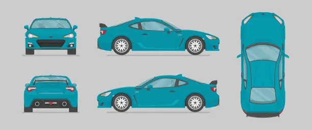 Vector illustration of Sport car from different sides. Side view, front view, back view, top view.