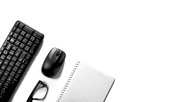 Pure white background view with mouse keyboard and glasses