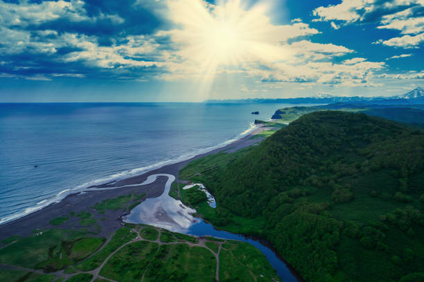 The place where the river flows into the Pacific Ocean in Kamchatka