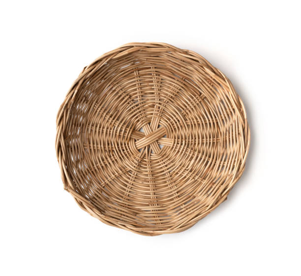 istock Traditional woven wood rattan basket or timber pattern nature texture strips isolated on white. Bamboo weaving background 1327209864