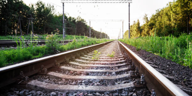 istock Old vintage iron rail road with way going behind horizon line 1327210087