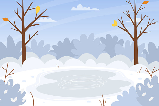 Horizontal winter, snowy landscape. Bare trees, snow-covered bushes, frozen lake, snowdrifts. Color vector illustration. Nature background with empty space for text.