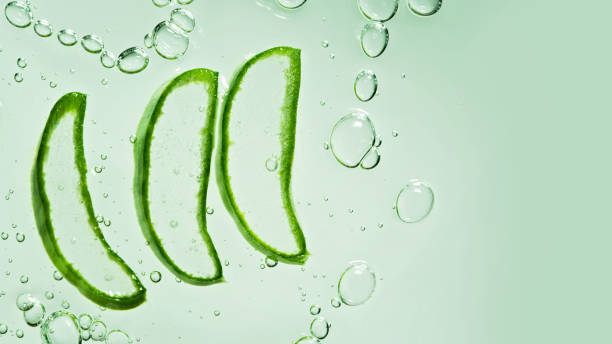 istock Aloe vera slice texture with gel on blue background. 1327211940