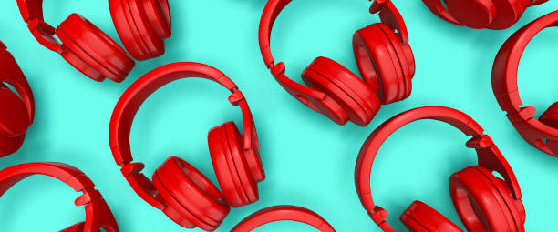 istock Red headphones collection on a pale background 3d render 1327212218