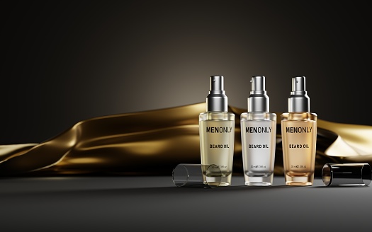 Set glass bottles cosmetics for men, scent beard oil on dark background with gold silk fabric, hair spray, serum or lotion, 3d illustration fragrance cosmetic product packaging design, ad banner.