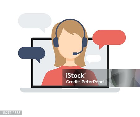 istock Technical Support Template Concept Flat Design Icon. Hotline. Online Chat, Woman with Headphones on Laptop Screen. Vector Illustration 1327214585