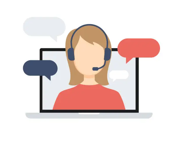 Vector illustration of Technical Support Template Concept Flat Design Icon. Hotline. Online Chat, Woman with Headphones on Laptop Screen. Vector Illustration