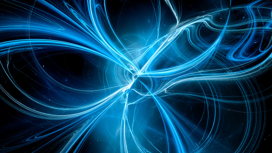 Blue glowing trajectories near to black hole, computer generated abstract background, 3D rendering