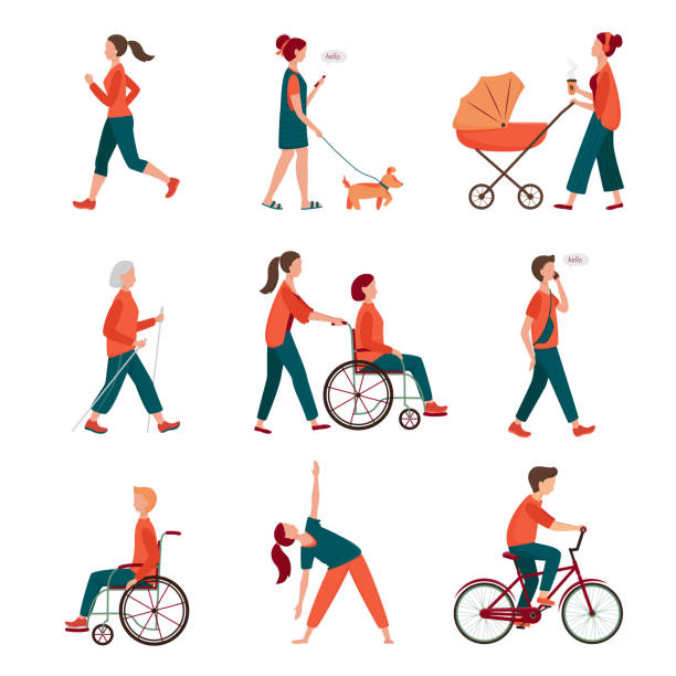 야외 활동. 다른 사람들은 흰색에 고립 설정합니다. - nordic walking walking relaxation exercise women stock illustrations