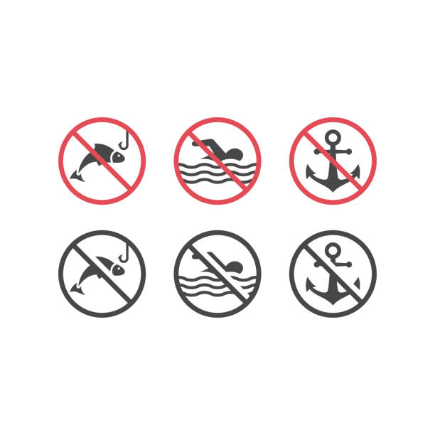 수영, 낚시 및 도크 레드 금지 표지판 없음 - no fishing stock illustrations