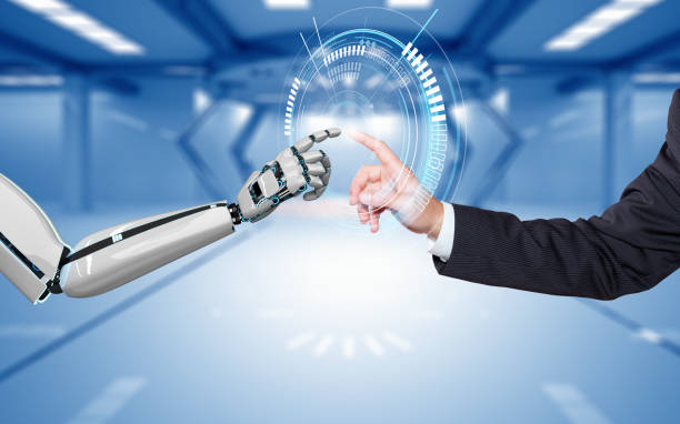 istock Businessman Robot Hands Connection HUD Network 1327219861