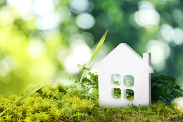 istock Eco friendly home. House model on green grass outdoors, space for text 1327220915