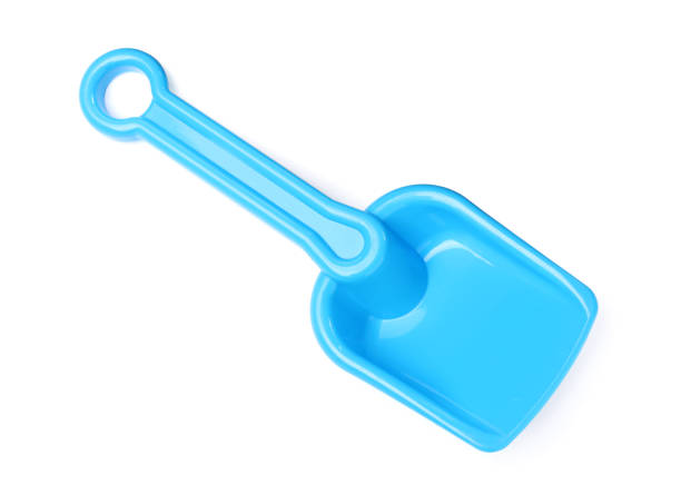 Light blue plastic toy shovel isolated on white, top view