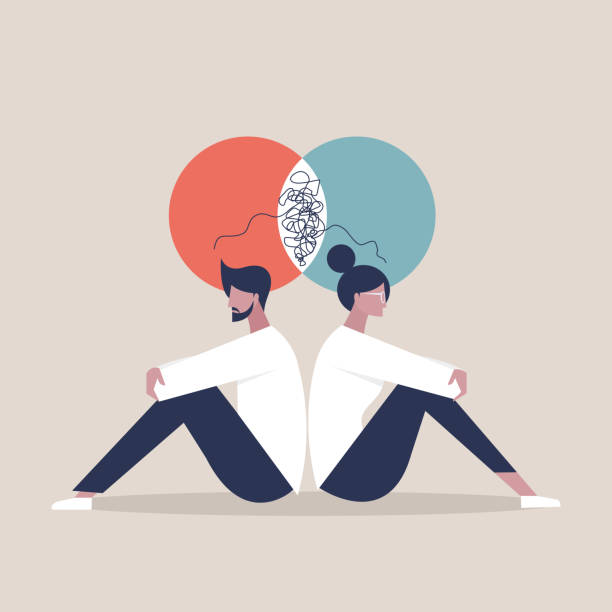 Illustration of a couple  with disagreements sitting back to back Illustration of a couple  with disagreements sitting back to back therapy stock illustrations