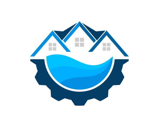 illustrations, cliparts, dessins animés et icônes de maison immobilière avec équipement et eau abstraite au-dessus - adventure business horizontal real estate