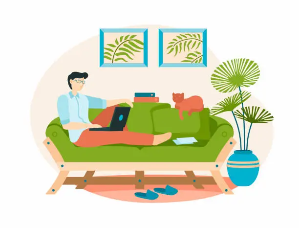 Vector illustration of Working home with laptop on couch in boho interior. Man communicates online on green sofa with cat. Comfortable home office