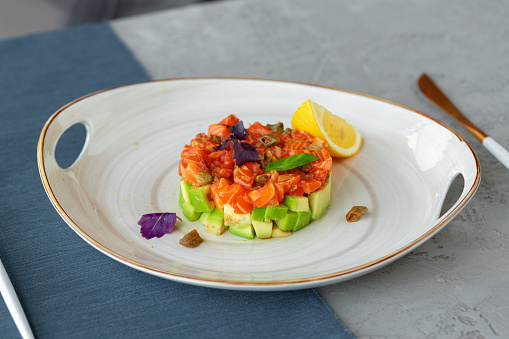 Salmon tartare with chopped avocado on plate close up