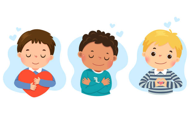 Set of vector illustration cartoon of little boys hugging themself. Self love, self care, positive, happiness concept. vector art illustration