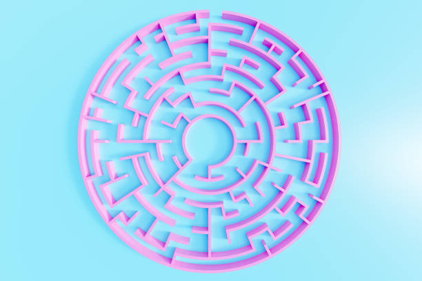 3d rendering. Pink circular maze in top view on Blue background.
