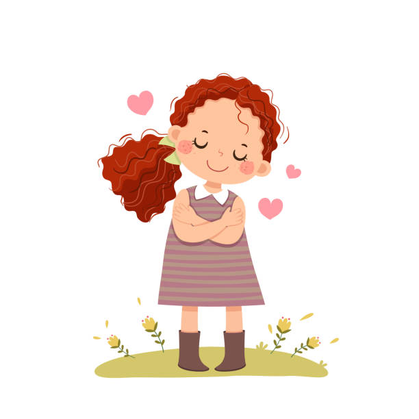 wektor ilustracji kreskówki trochę czerwone kręcone włosy dziewczyna przytulanie się. kochaj siebie koncepcji. - kręcone włosy stock illustrations