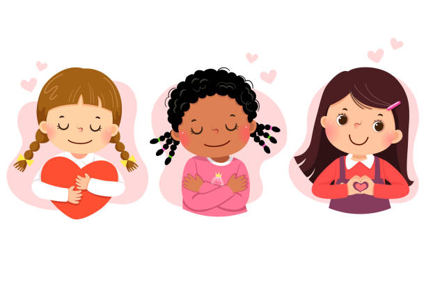 Set Of Vector Illustration Cartoon Of Little Girls Hugging Themself Self  Love Self Care Positive Happiness Concept Stock Illustration - Download  Image Now - iStock