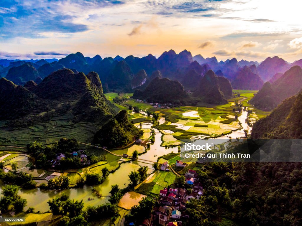 Colorful rice field in autumn nothern Vietnam Nice rice field with river northern Vietnam Guizhou Province Stock Photo