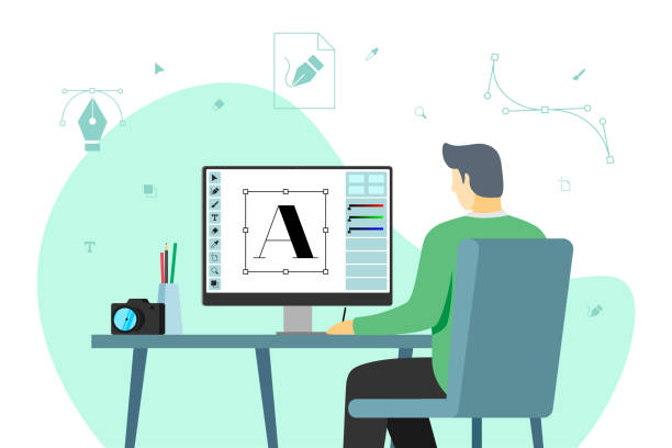 Man graphic designer work at computer in workplace. Male creative specialist freelancer or advertising agency studio employee develop design layout on monitor screen. Vector professional occupation Man graphic designer work at computer in workplace. Male creative specialist freelancer or advertising agency studio employee develop design layout on monitor screen. Freelance professional occupation man sitting alone drawing stock illustrations