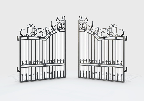 A set of ornate decorative cast iron driveway gates on an isolated white background - 3D render