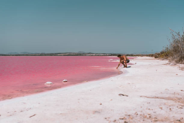 istock Man walking along beach near pink sea 1327231728