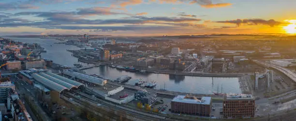 Aerial city panorama of the port city of Kiel in the morning.