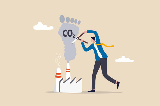 illustrazioni stock, clip art, cartoni animati e icone di tendenza di riduci l'impronta di carbonio, riduci le emissioni e i prodotti inquinanti, il riscaldamento globale e il concetto di piano di recupero ambientale, il leader del paese uomo d'affari che taglia il fumo di anidride carbonica di co2 dall'industria. - footprint carbon environment global warming