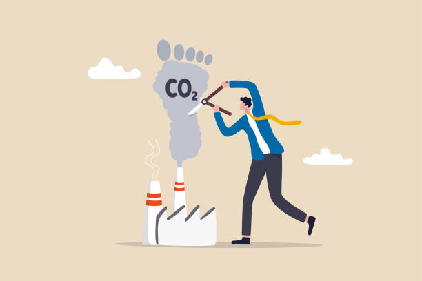 탄소 발자국 을 줄이고, 배출 및 오염 농산물을 감소시키고, 지구 온난화 및 환경 복구 계획 개념, 산업에서 co2 이산화탄소 연기를 줄이는 사업가 국가 리더. - pollution coal carbon dioxide smoke stack stock illustrations