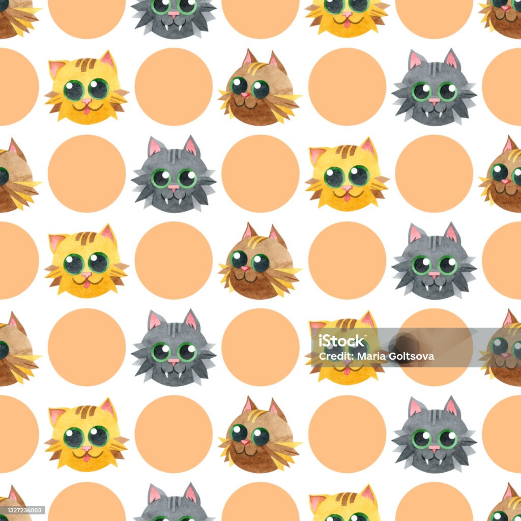 Seamless Pattern With Funny Cat Faces Creative Scandinavian Childrens  Texture Watercolor Illustrations On A Polka Dot Background Great For  Fabrics Textiles Websites Wallpaper Packaging Cards Stock Illustration -  Download Image Now - iStock