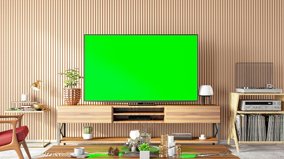Chroma Key Screen in Living Room. 3d Render