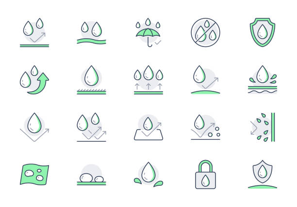 Waterproof line icons. Vector illustration include icon - shield, hydrophobic material, membrane, umbrella, oleophobic outline pictogram for anti water protect. Green color, Editable Stroke Waterproof line icons. Vector illustration include icon - shield, hydrophobic material, membrane, umbrella, oleophobic outline pictogram for anti water protect. Green color, Editable Stroke. water repellent stock illustrations